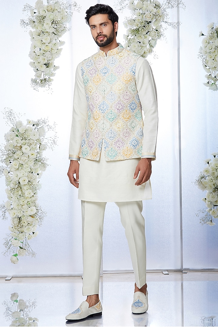 Cream Matka Silk Kurta Set With Nehru Jacket by Seema Gujral Men