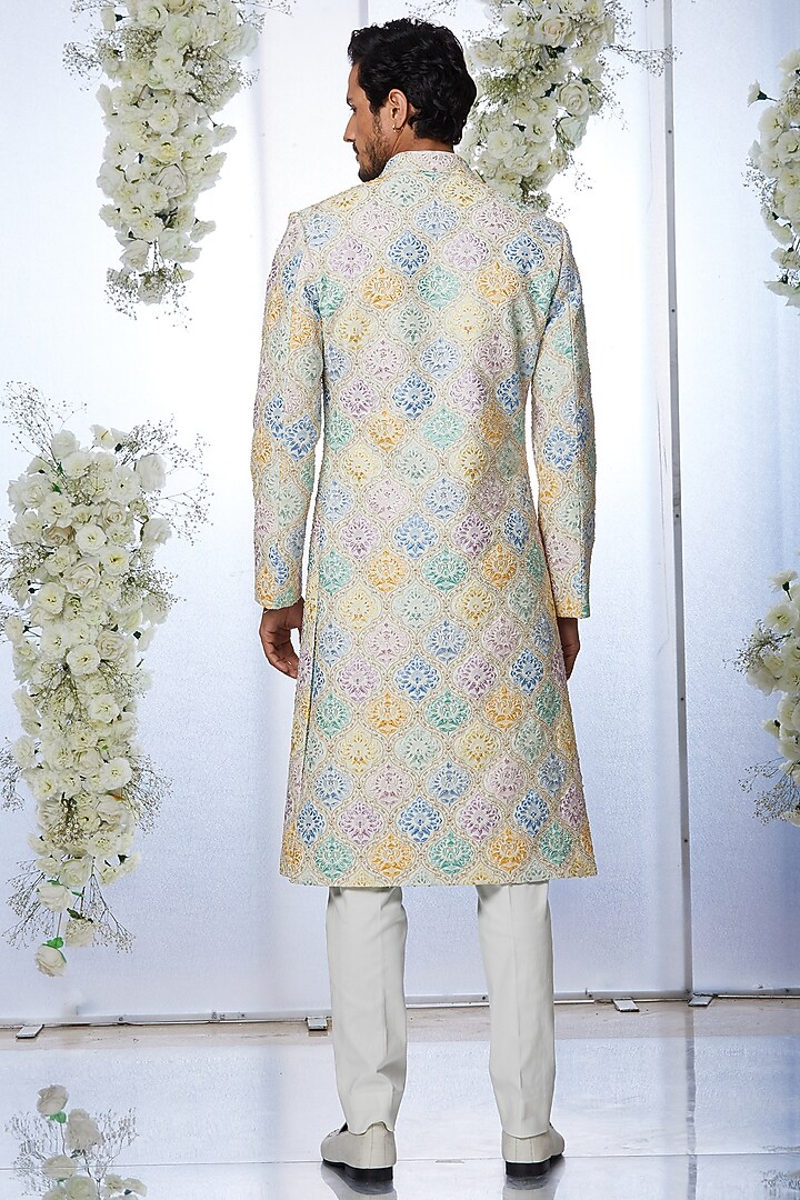 Cream Matka Silk Aari Embroidered Groom Sherwani Set by Seema Gujral Men at Pernia's Pop Up Shop