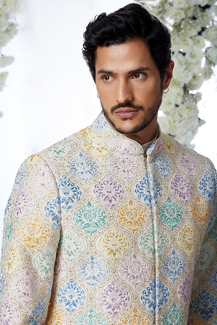 Cream Matka Silk Aari Embroidered Groom Sherwani Set by Seema Gujral Men at Pernia's Pop Up Shop
