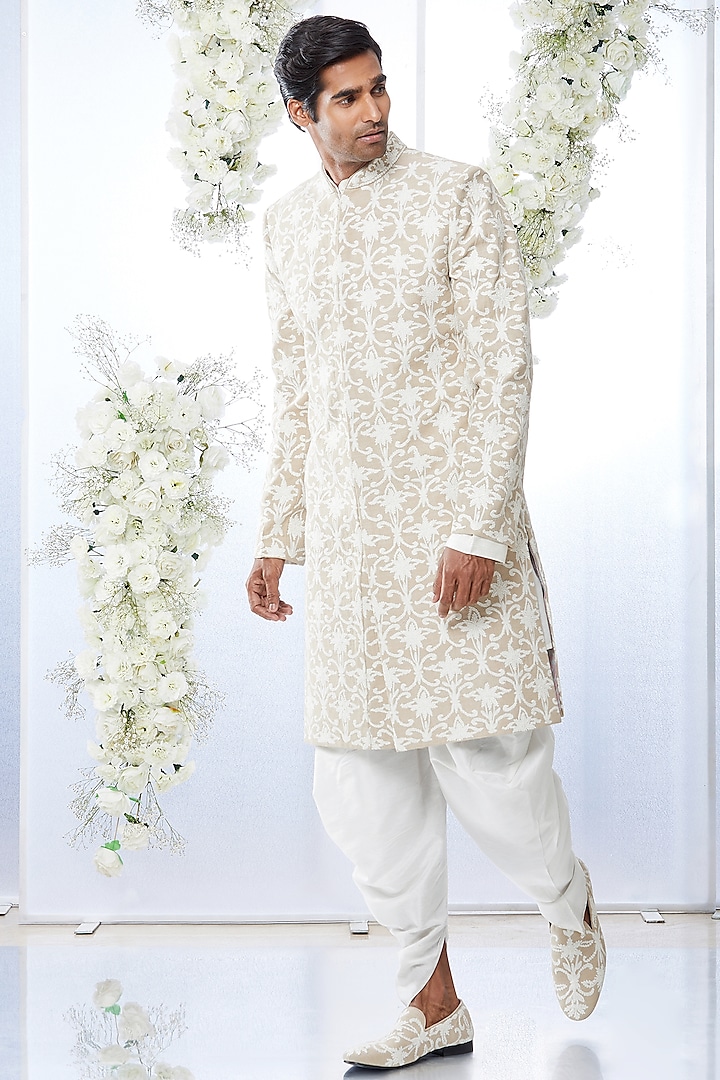 Light Brown Embroidered Sherwani Set by Seema Gujral Men