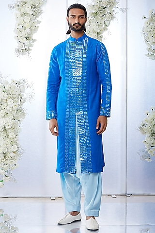 Royal Blue Embroidered Kurta Set by Seema Gujral Men