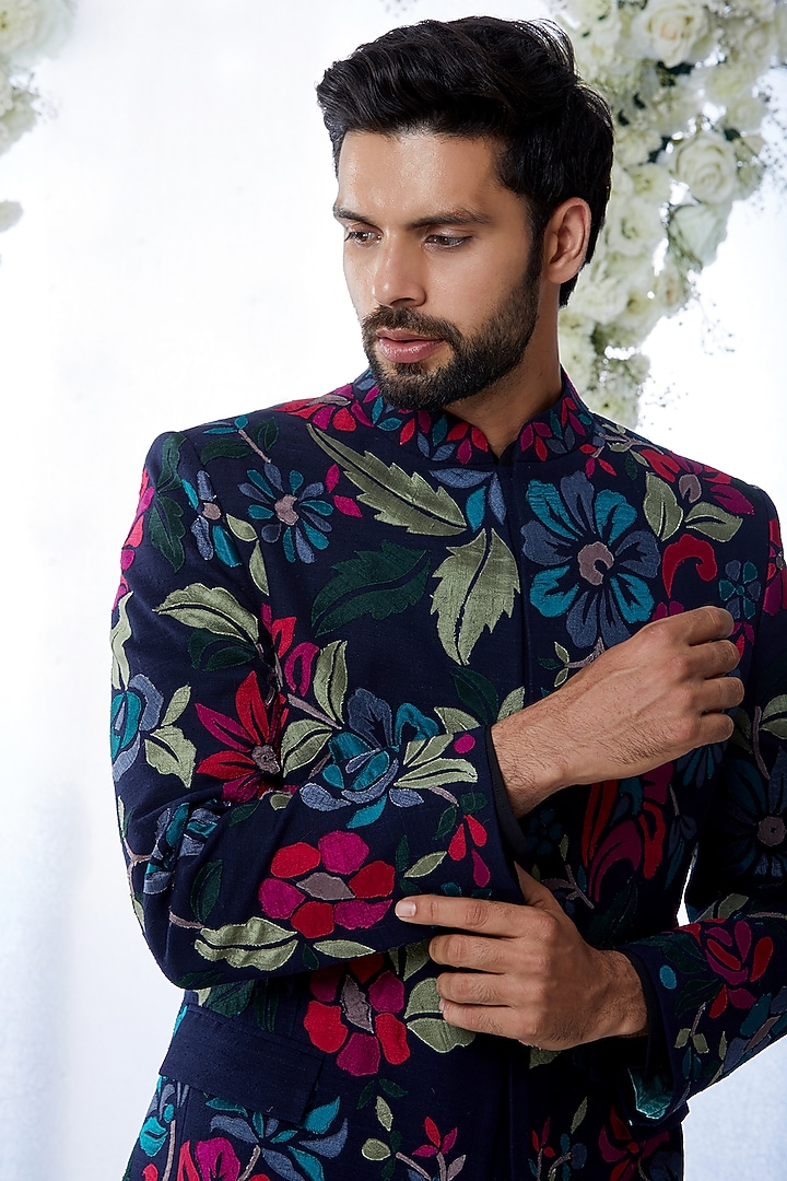 Multi-Colored Embroidered Groom Bandhgala Set by Seema Gujral Men at Pernia's Pop Up Shop