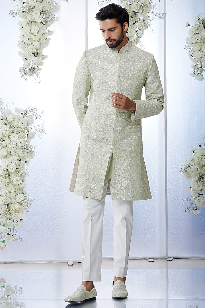 Aqua Green Raw Silk Embroidered Sherwani Set by Seema Gujral Men