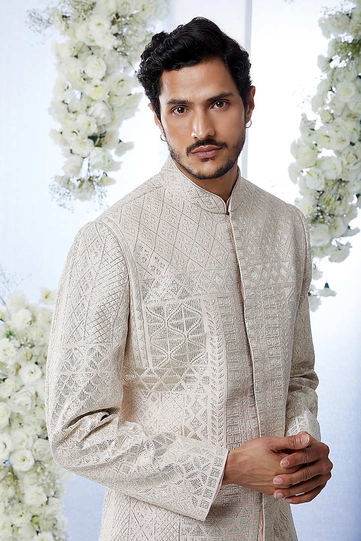 Powder Peach Embroidered Sherwani Set Design by Seema Gujral Men at ...