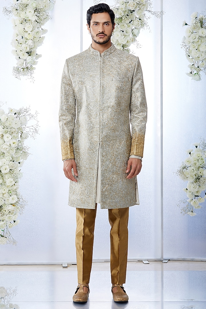 Gold Tissue Raw Silk Sherwani Set by Seema Gujral Men