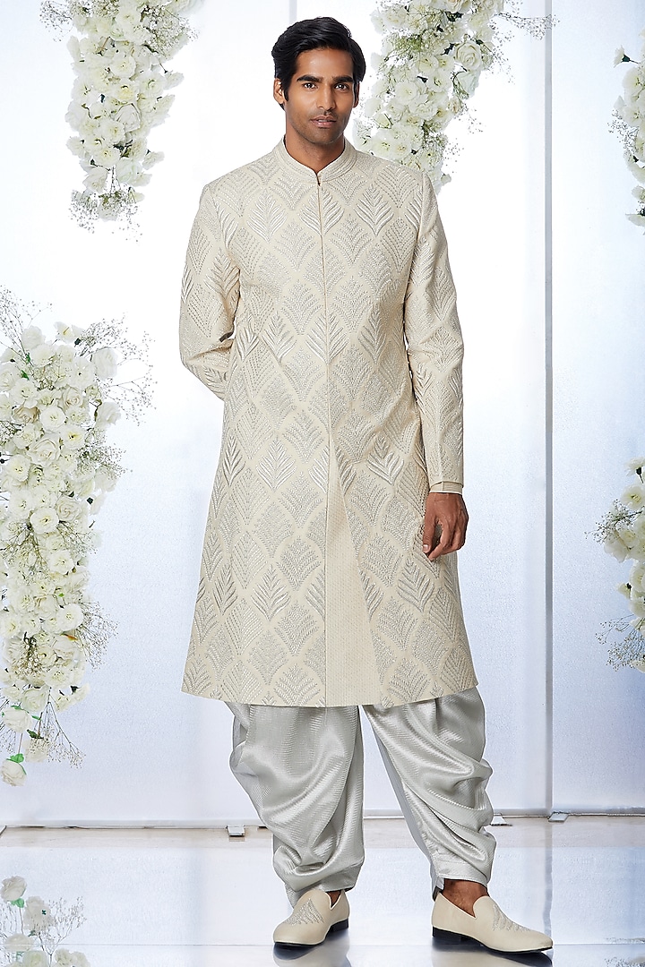 Light Coffee Brown Embroidered Sherwani Set by Seema Gujral Men