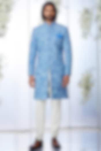 Marble Blue Embroidered Sherwani Set by Seema Gujral Men