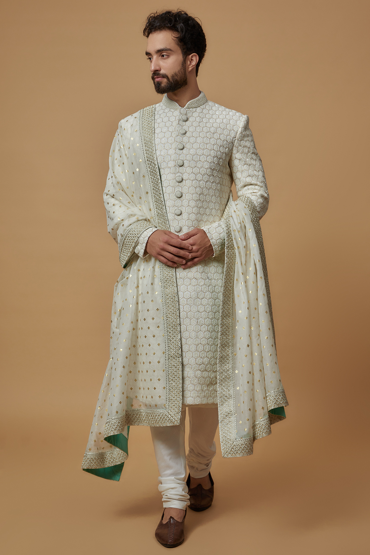 White Chanderi Staple Hand Embroidered Shawl by Seema Gujral Men at Pernia's Pop Up Shop