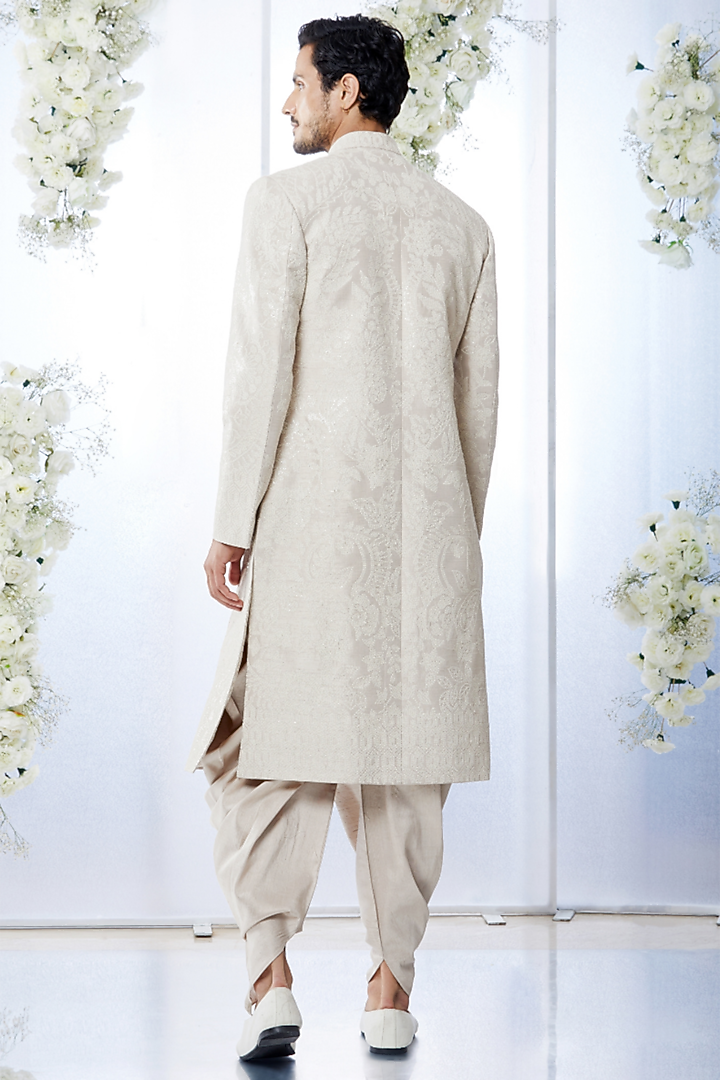 Ivory Raw Silk Sequins Embroidered Groom Sherwani Set by Seema Gujral Men at Pernia's Pop Up Shop