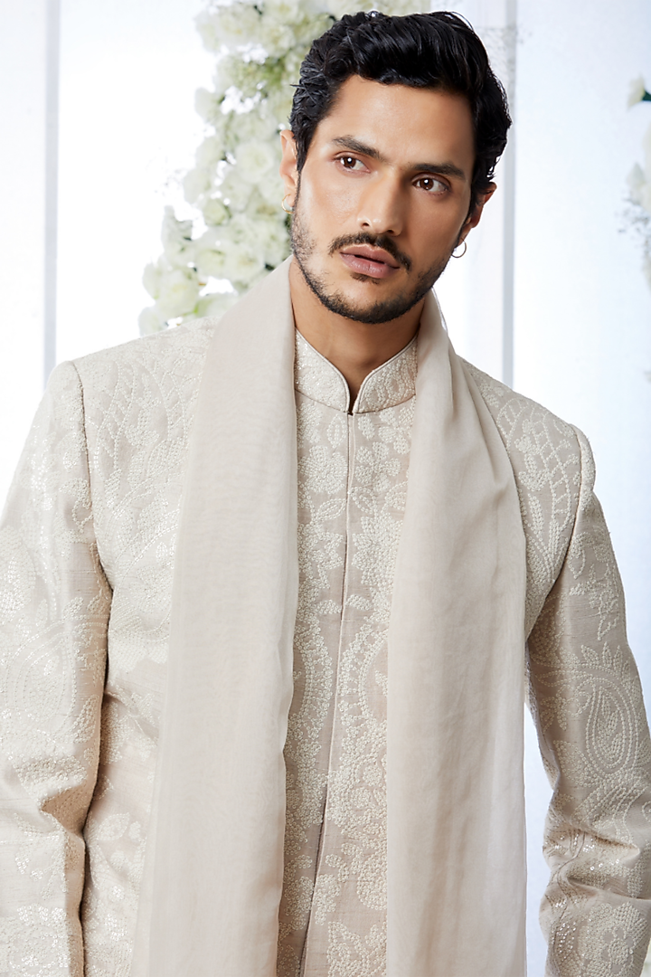 Ivory Raw Silk Sequins Embroidered Groom Sherwani Set by Seema Gujral Men at Pernia's Pop Up Shop