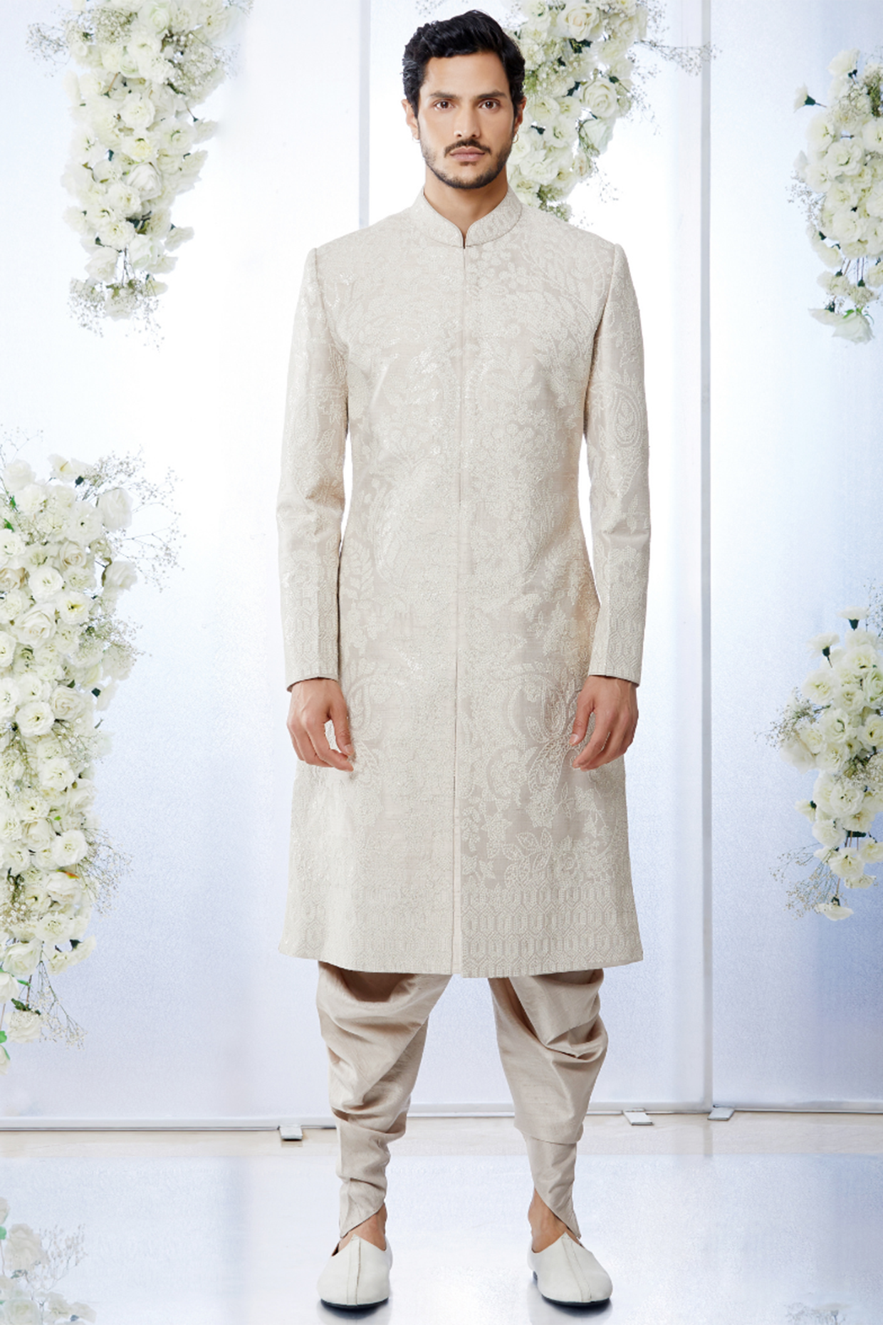 Ivory Raw Silk Sequins Embroidered Groom Sherwani Set by Seema Gujral Men at Pernia's Pop Up Shop