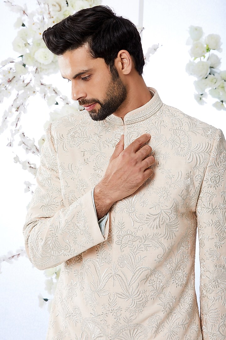 Aqua peach Embroidered Groom Sherwani Set by Seema Gujral Men at Pernia's Pop Up Shop