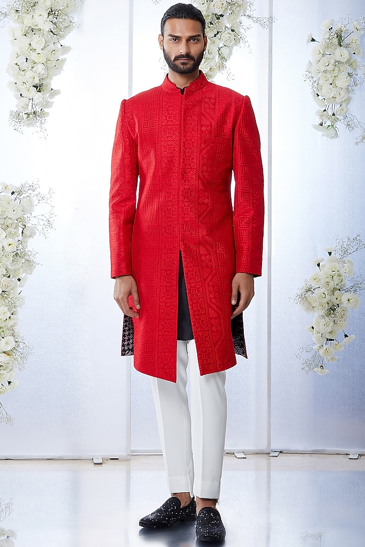 Deep Red Embroidered Sherwani Set by Seema Gujral Men