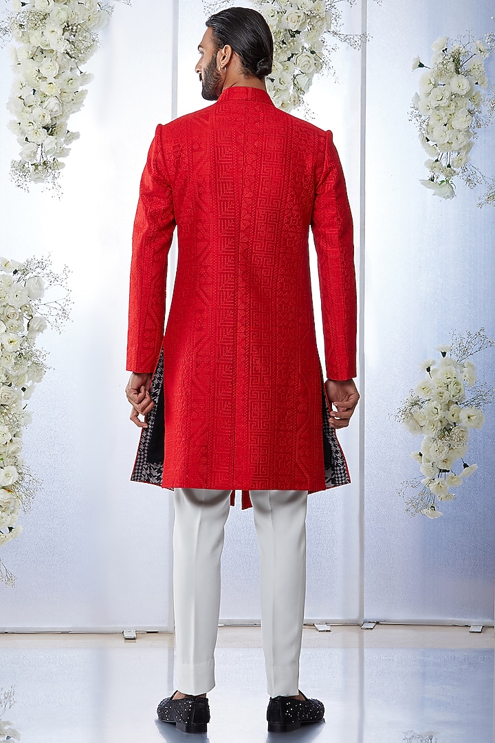 Deep Red Raw Silk Aari Embroidered Groom Sherwani Set by Seema Gujral Men at Pernia's Pop Up Shop