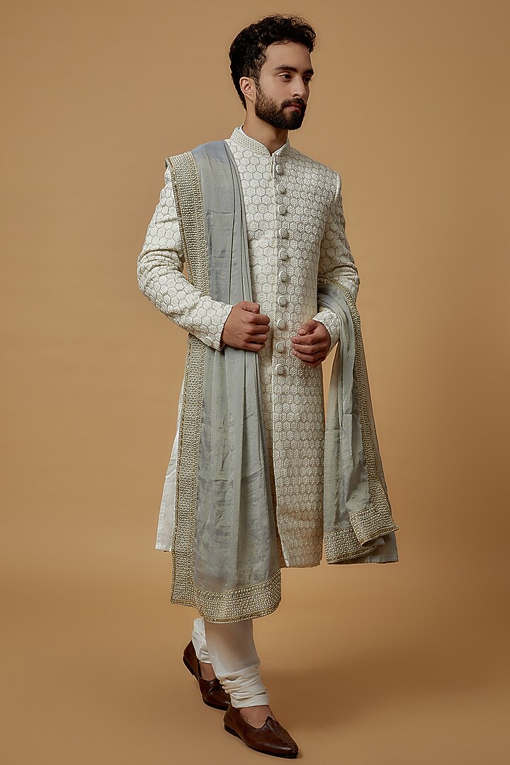 Grey Chanderi Staple Hand Embroidered Shawl by Seema Gujral Men at Pernia's Pop Up Shop