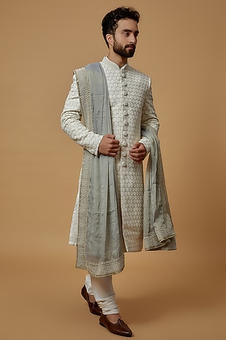 Grey Chanderi Staple Hand Embroidered Shawl by Seema Gujral Men
