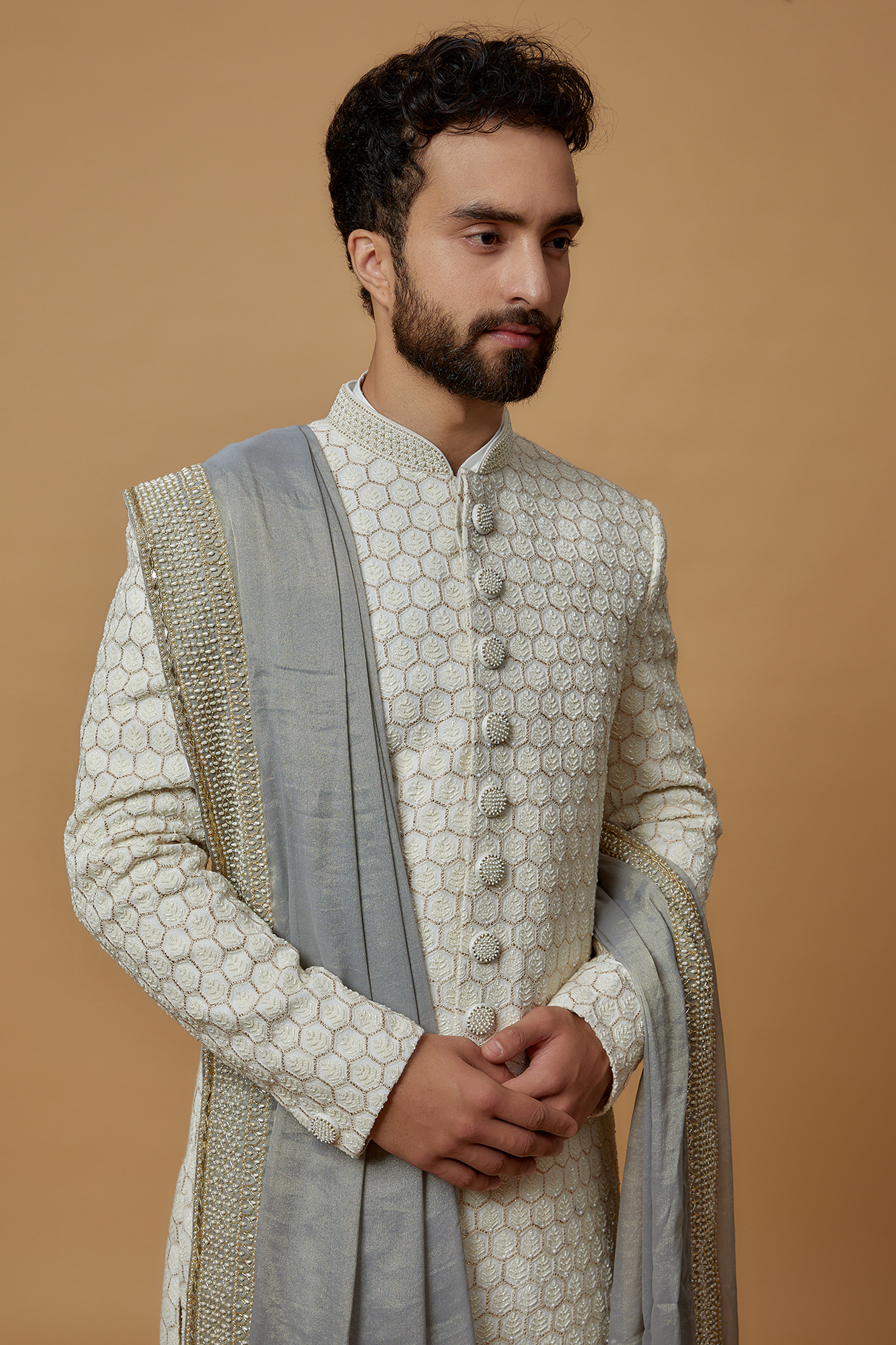 Grey Chanderi Staple Hand Embroidered Shawl by Seema Gujral Men at Pernia's Pop Up Shop
