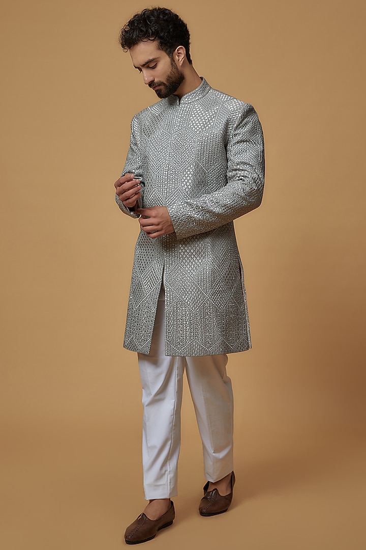 Grey Raw Silk Embroidered Sherwani by Seema Gujral Men