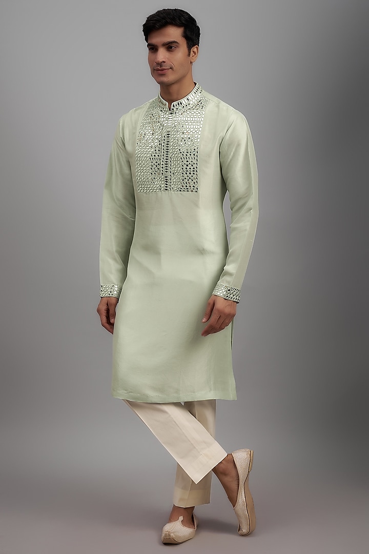 Silver Dupion Silk Embroidered Kurta Set by Seema Gujral Men