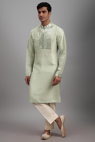 Silver Dupion Silk Mirror Embroidered Kurta Set by Seema Gujral Men