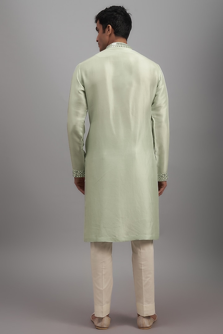 Silver Dupion Silk Mirror Embroidered Kurta Set by Seema Gujral Men at Pernia's Pop Up Shop