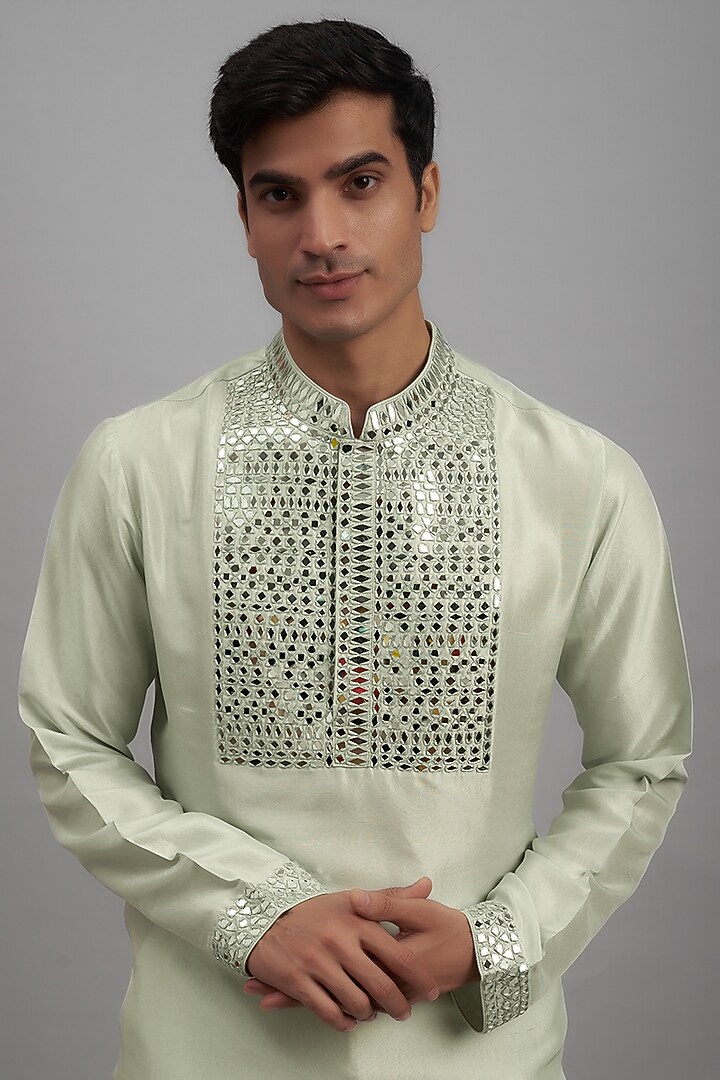 Silver Dupion Silk Mirror Embroidered Kurta Set by Seema Gujral Men at Pernia's Pop Up Shop