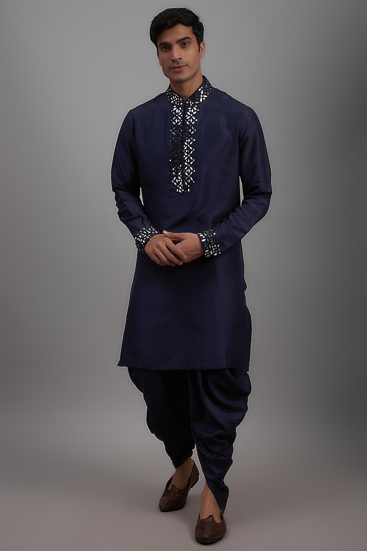 Navy Blue Silk Embroidered Kurta Set by Seema Gujral Men