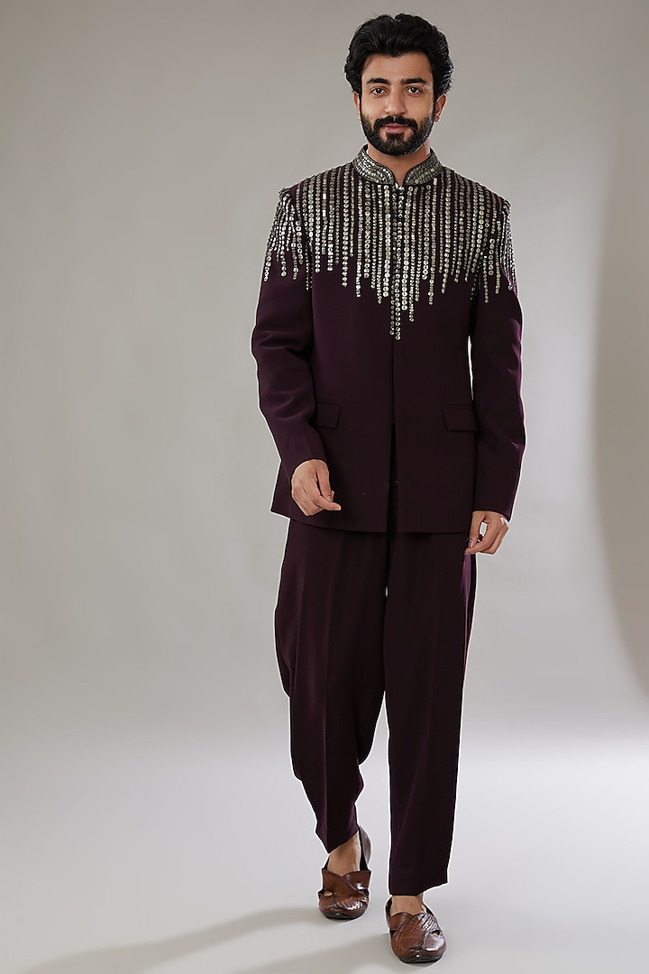 Wine Raw Silk Embroidered Bandhgala Set by Seema Gujral Men