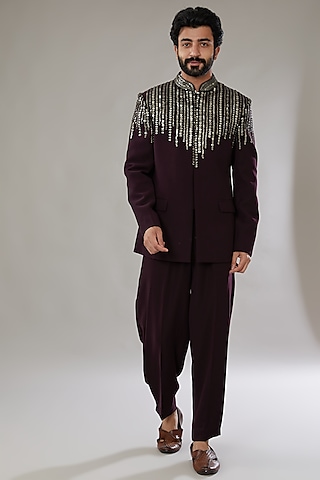 Wine Raw Silk Embroidered Bandhgala Set by Seema Gujral Men