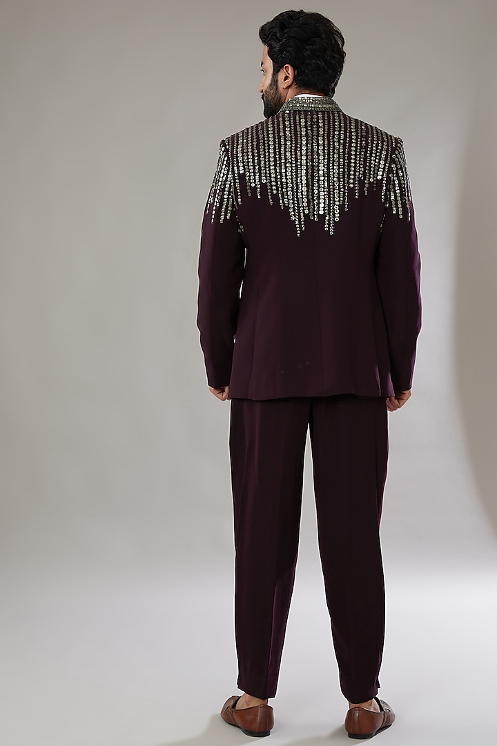 Wine Raw Silk Embroidered Groom Bandhgala Set by Seema Gujral Men at Pernia's Pop Up Shop