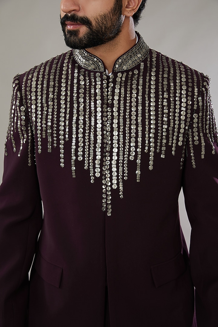 Wine Raw Silk Embroidered Groom Bandhgala Set by Seema Gujral Men at Pernia's Pop Up Shop