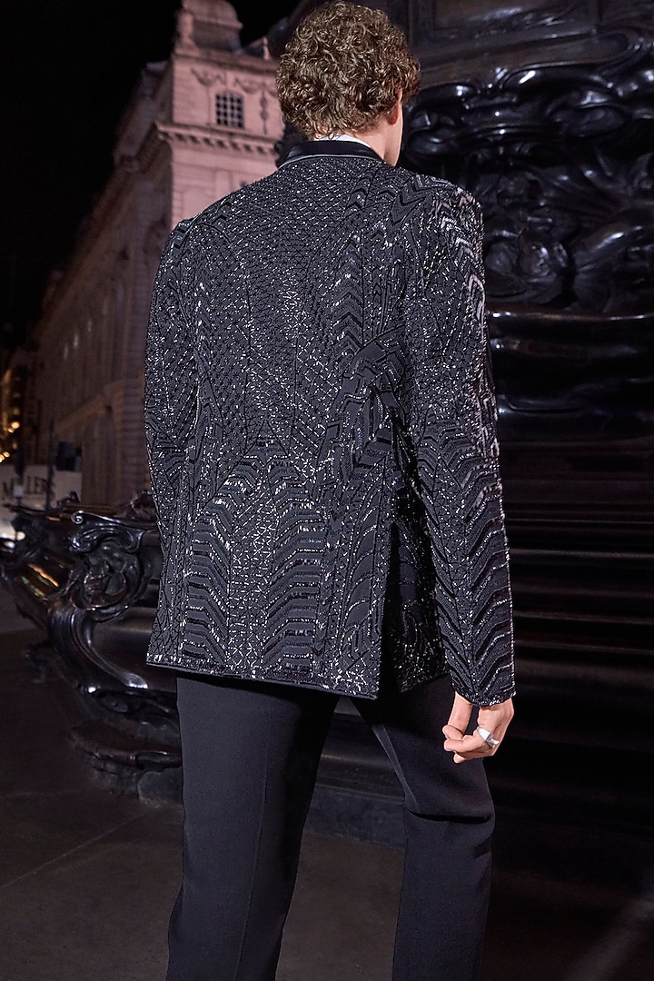 Black Satin Bugle Bead Embroidered Tuxedo Set by Seema Gujral Men at Pernia's Pop Up Shop