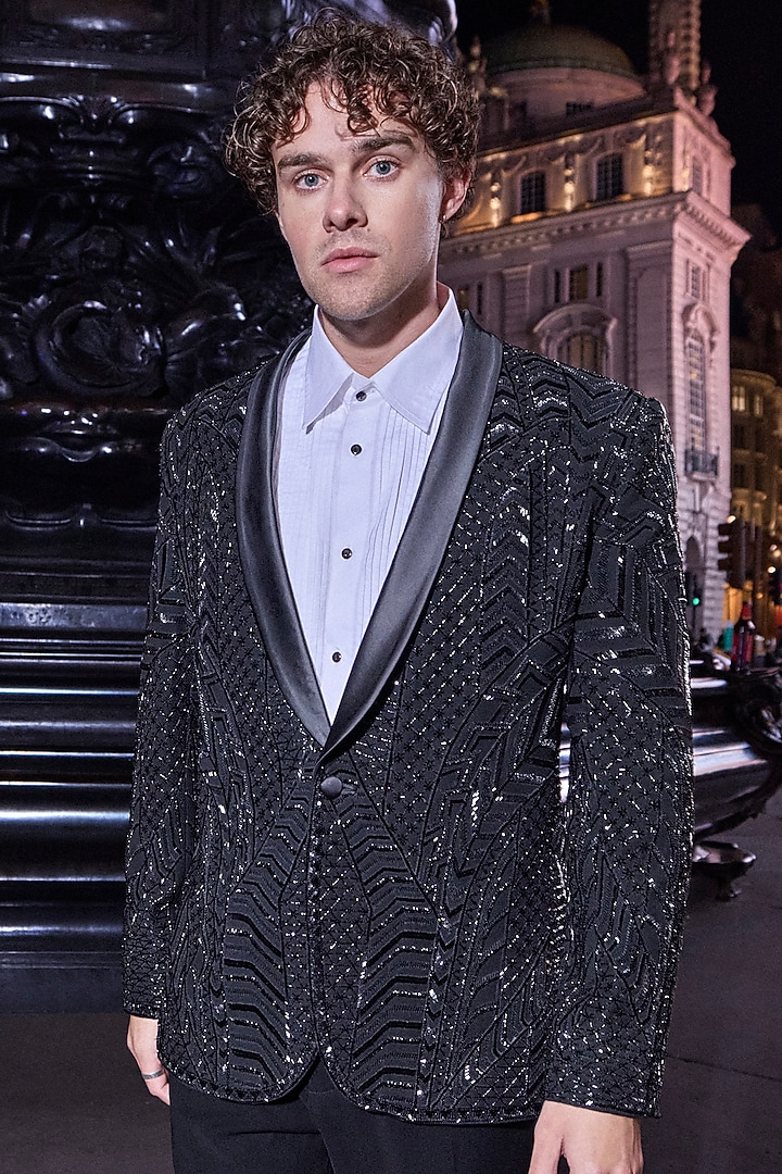 Black Satin Bugle Bead Embroidered Tuxedo Set by Seema Gujral Men at Pernia's Pop Up Shop