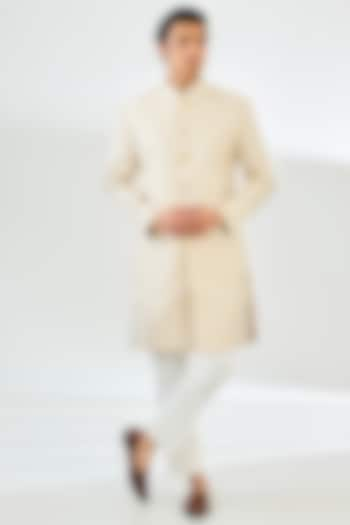 Ivory Tussar Silk Threadwork Wedding Sherwani Set by Seema Gujral Men at Pernia's Pop Up Shop