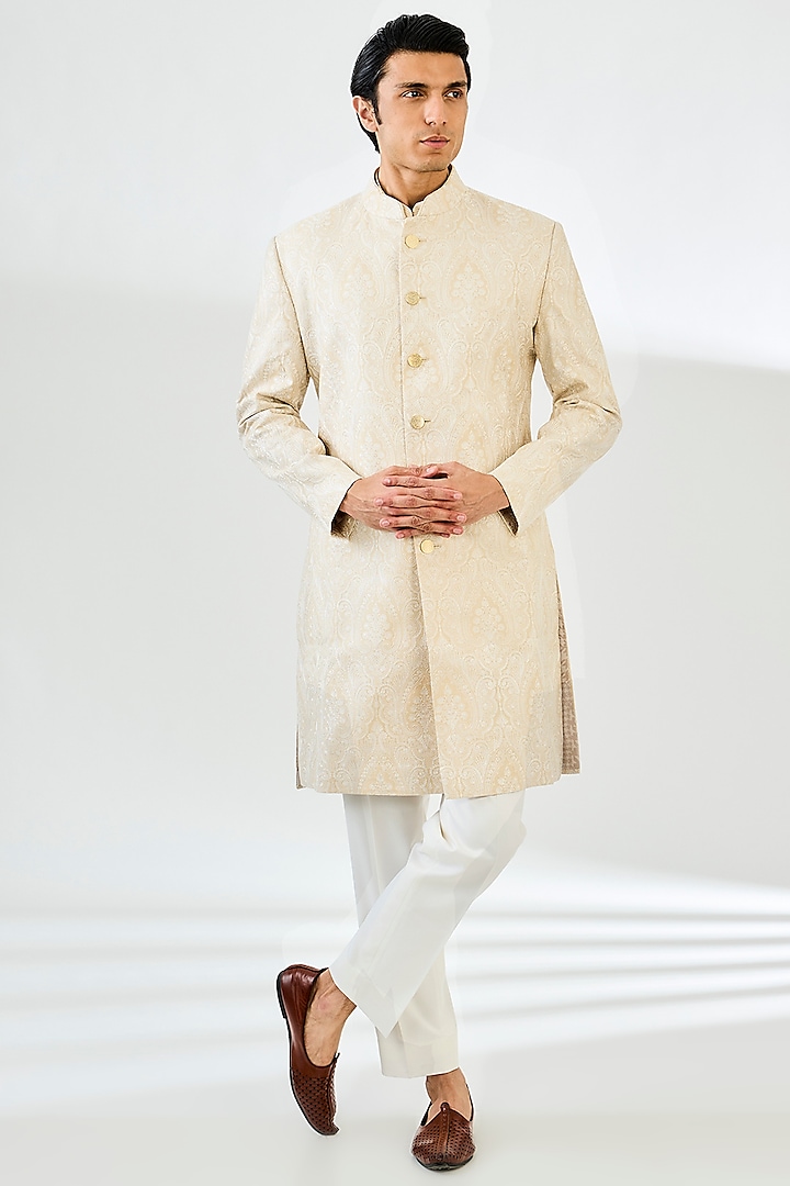 Ivory Tussar Silk Threadwork Wedding Sherwani Set by Seema Gujral Men at Pernia's Pop Up Shop