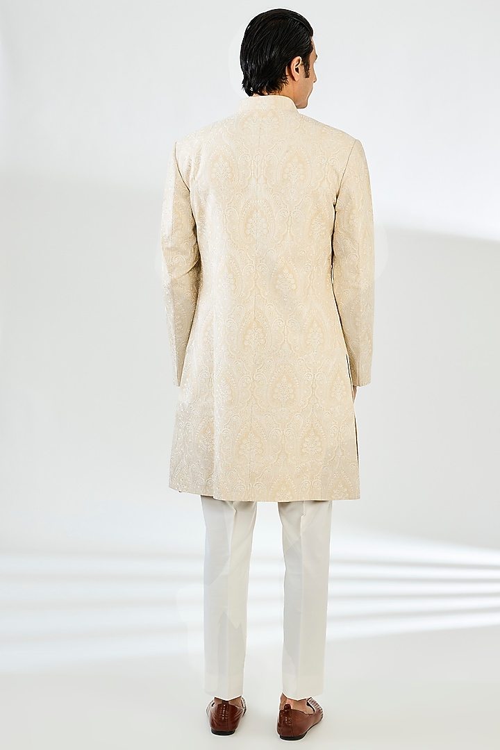 Ivory Tussar Silk Threadwork Groom Sherwani Set by Seema Gujral Men at Pernia's Pop Up Shop