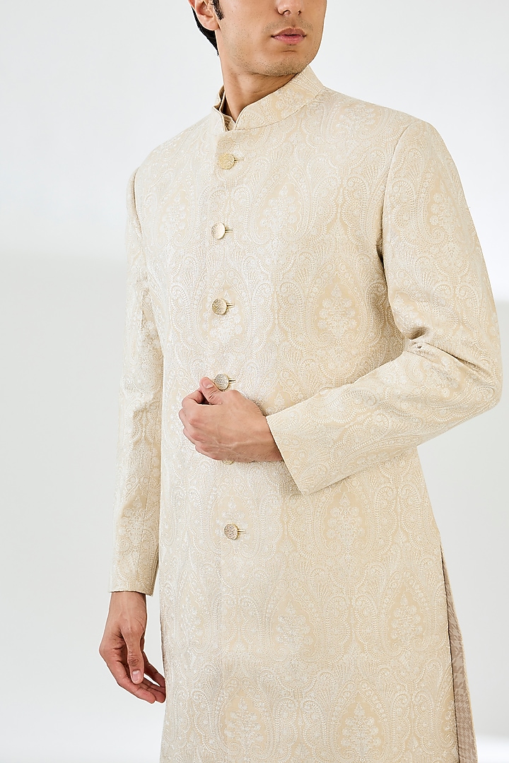 Ivory Tussar Silk Threadwork Groom Sherwani Set by Seema Gujral Men at Pernia's Pop Up Shop