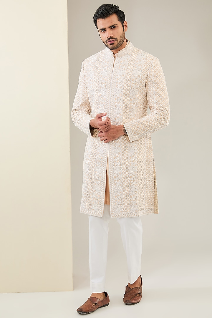 Nude Raw Silk Embroidered Sherwani Set by Seema Gujral Men