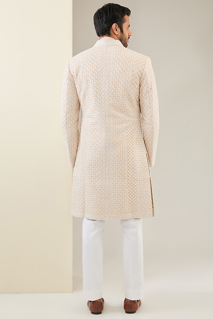 Nude Raw Silk Embroidered Groom Sherwani Set by Seema Gujral Men at Pernia's Pop Up Shop