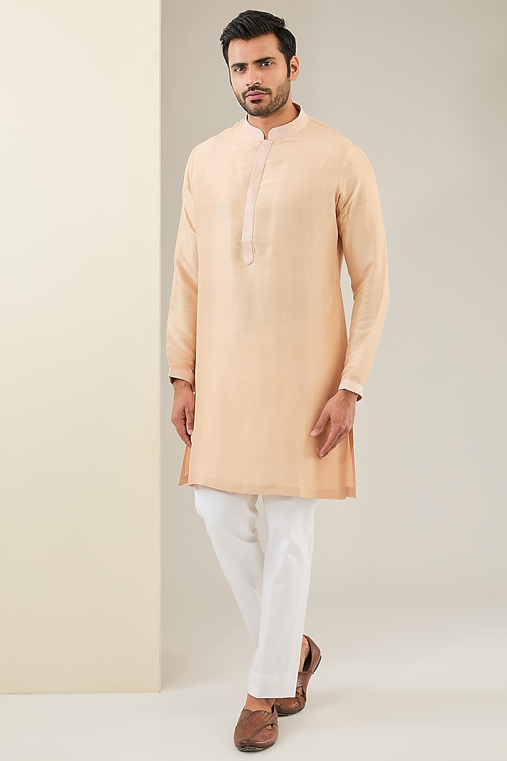 Nude Raw Silk Embroidered Groom Sherwani Set by Seema Gujral Men at Pernia's Pop Up Shop