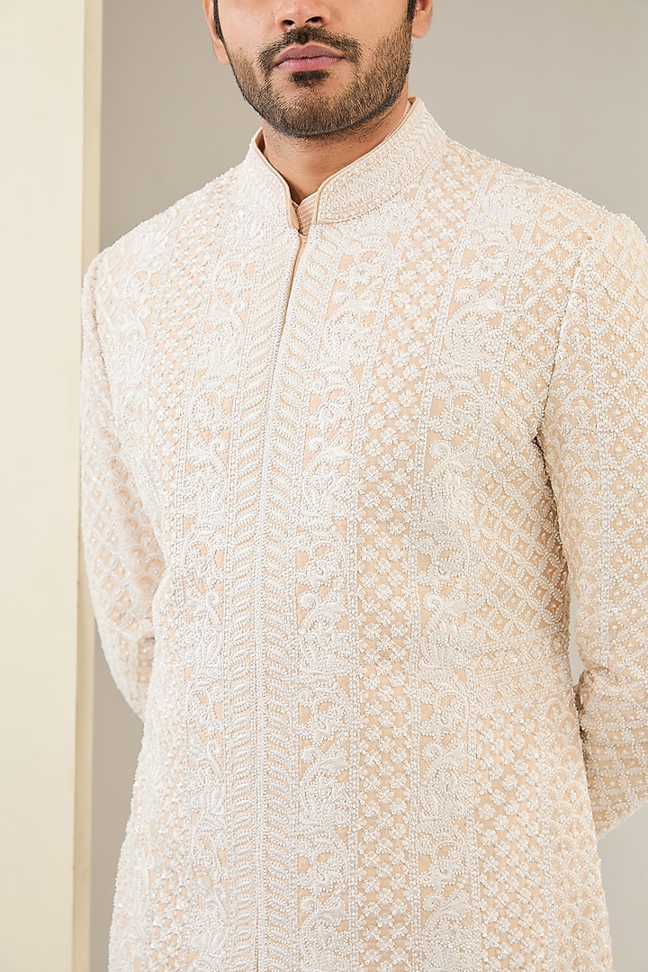 Nude Raw Silk Embroidered Groom Sherwani Set by Seema Gujral Men at Pernia's Pop Up Shop
