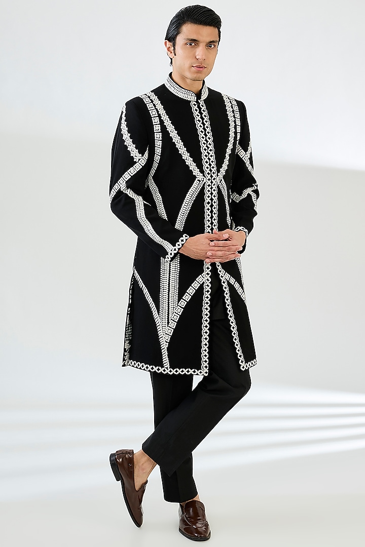 Black Suiting Fabric Dori Embroidered Groom Sherwani Set by Seema Gujral Men at Pernia's Pop Up Shop