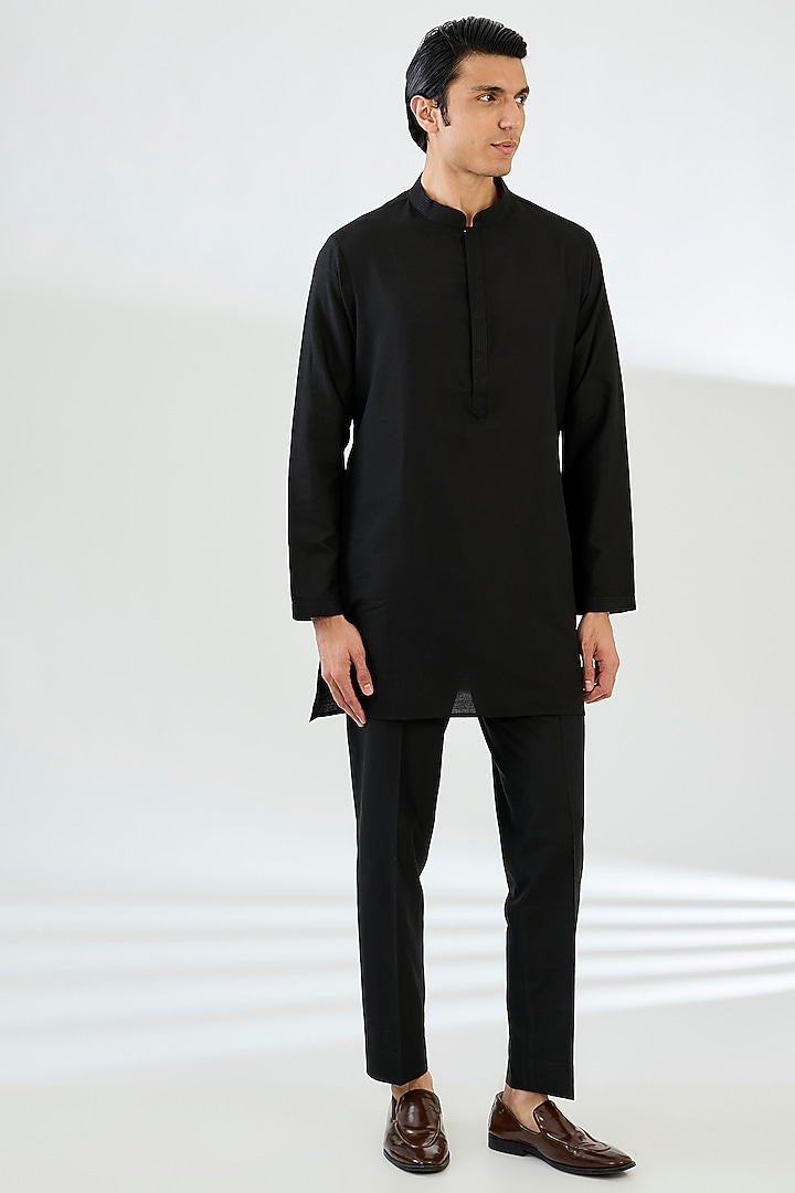 Black Suiting Fabric Dori Embroidered Groom Sherwani Set by Seema Gujral Men at Pernia's Pop Up Shop