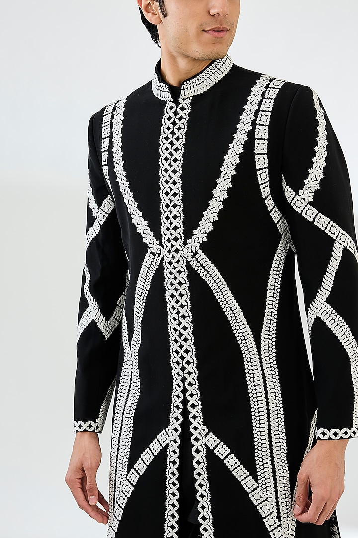 Black Suiting Fabric Dori Embroidered Groom Sherwani Set by Seema Gujral Men at Pernia's Pop Up Shop