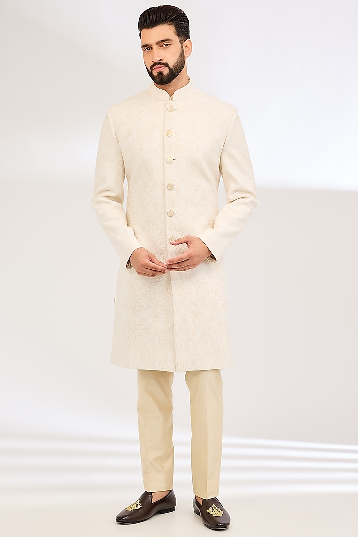 Ivory Raw Silk Dori Embroidered Wedding Sherwani Set by Seema Gujral Men at Pernia's Pop Up Shop