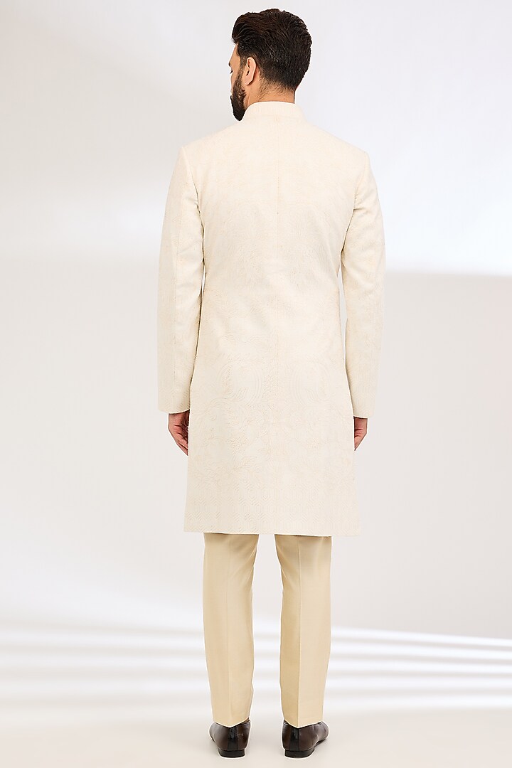 Ivory Raw Silk Dori Embroidered Groom Sherwani Set by Seema Gujral Men at Pernia's Pop Up Shop