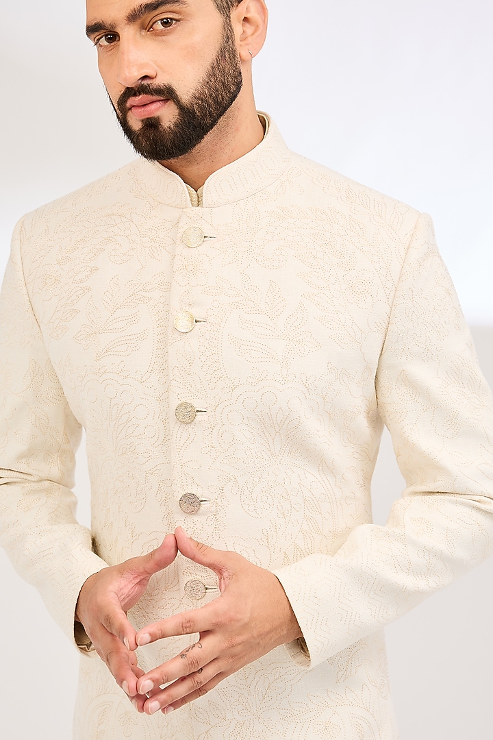 Ivory Raw Silk Dori Embroidered Groom Sherwani Set by Seema Gujral Men at Pernia's Pop Up Shop