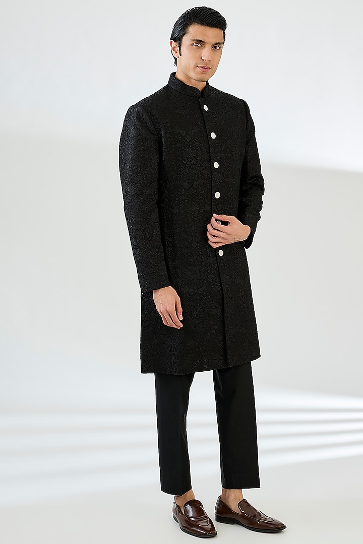 Black Cotton Silk Thread Embroidered Sherwani Set by Seema Gujral Men