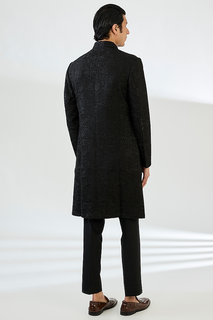 Black Cotton Silk Thread Embroidered Groom Sherwani Set by Seema Gujral Men at Pernia's Pop Up Shop