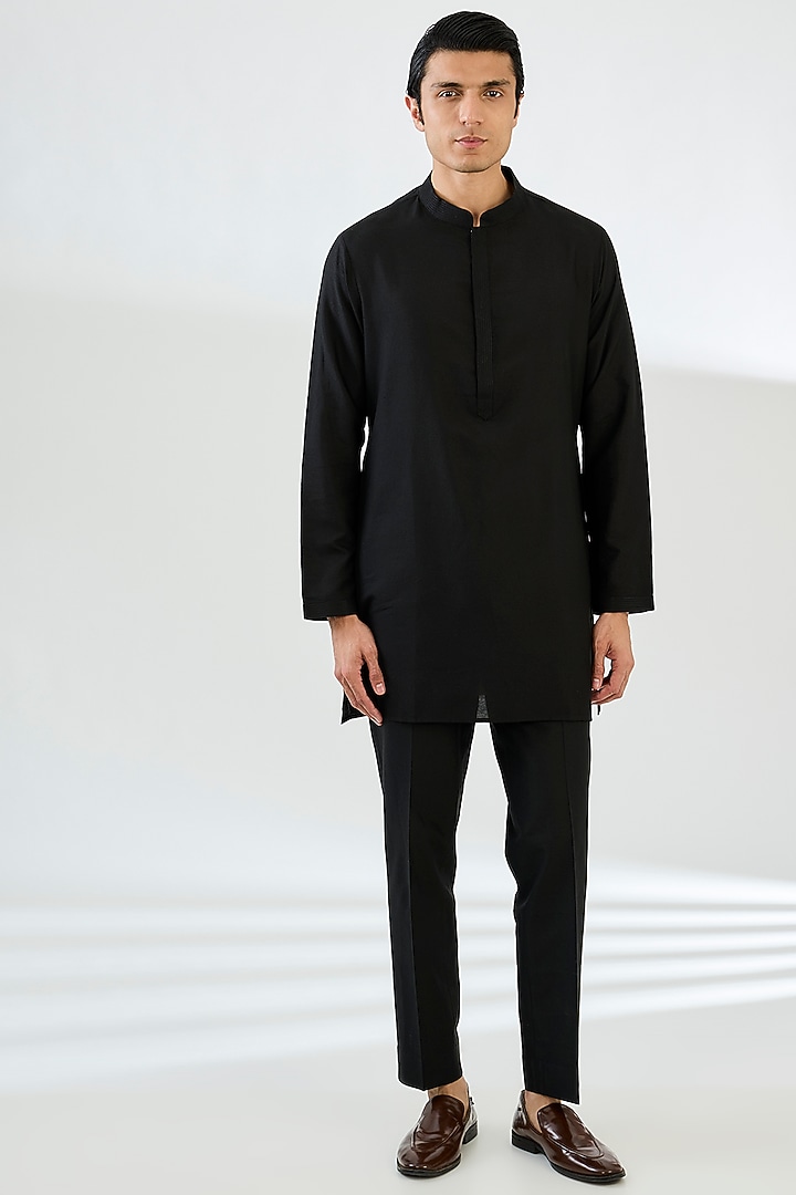 Black Cotton Silk Thread Embroidered Groom Sherwani Set by Seema Gujral Men at Pernia's Pop Up Shop